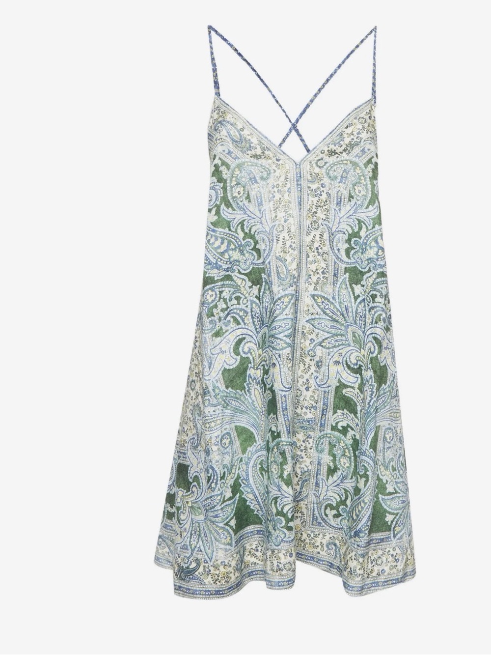 Zimmermann Green and Blue Paisley Spaghetti-Strap Mini Dress Size 2 US 8-10